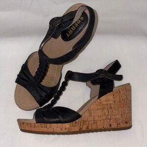 Sperry Black Braided T-Strap Cork Wedge Sandals